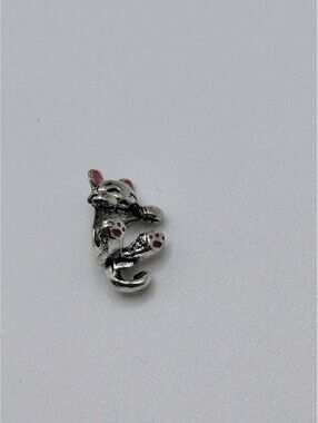 Silver Tone Cat Large Hole Bead Charm Pink Enamel Ears Paws Animal